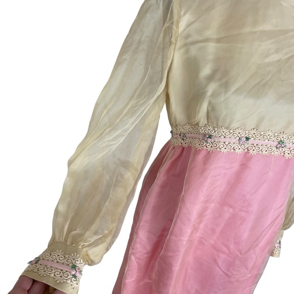 Vintage 60s 70s Empire Gown White Pink Organza Lace Ribbon Trim Formal Dress - Picture 6 of 16